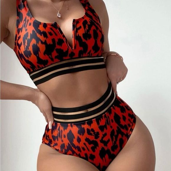 SHEIN Other - NEW! Red Leopard Bikini V Wired Bra Top and High Waist Bikini Bottom Set